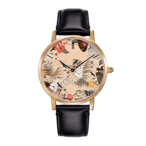 ARIES GOLD CUSTOMISED GOLD STAINLESS STEEL WATCH - NUDE FLORAL LEATHER STRAP WOMAN'S WATCH