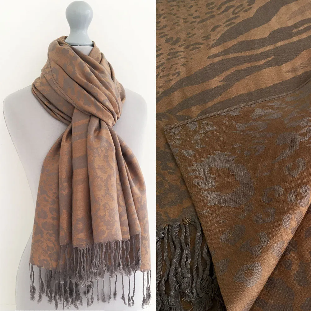 BRONZE LARGE LEOPARD PRINT REVERSIBLE PASHMINA SHAWL SCARF