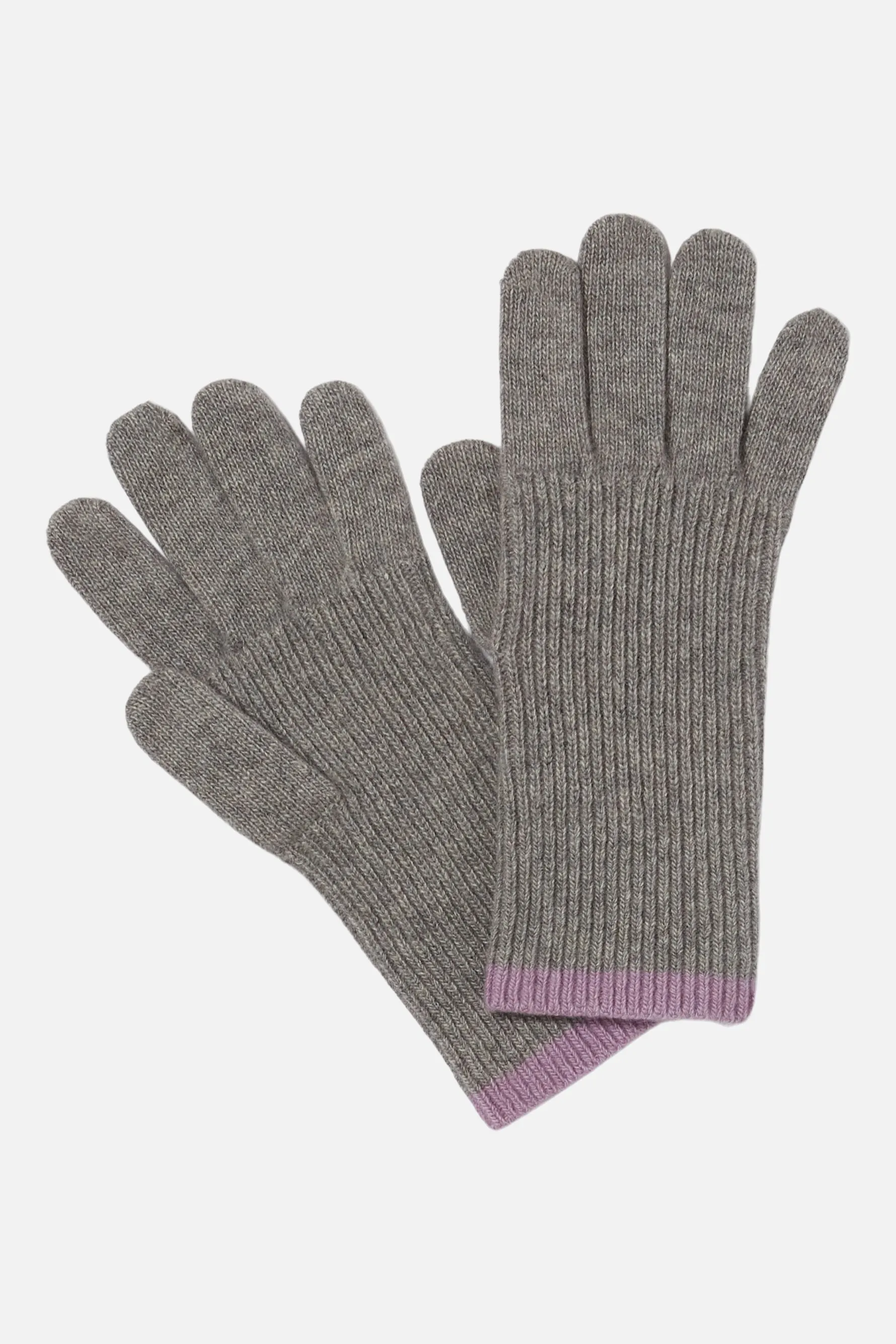 Full Finger Ribbed Gloves with Contrast Trim - Light Heather Grey W. Lavander