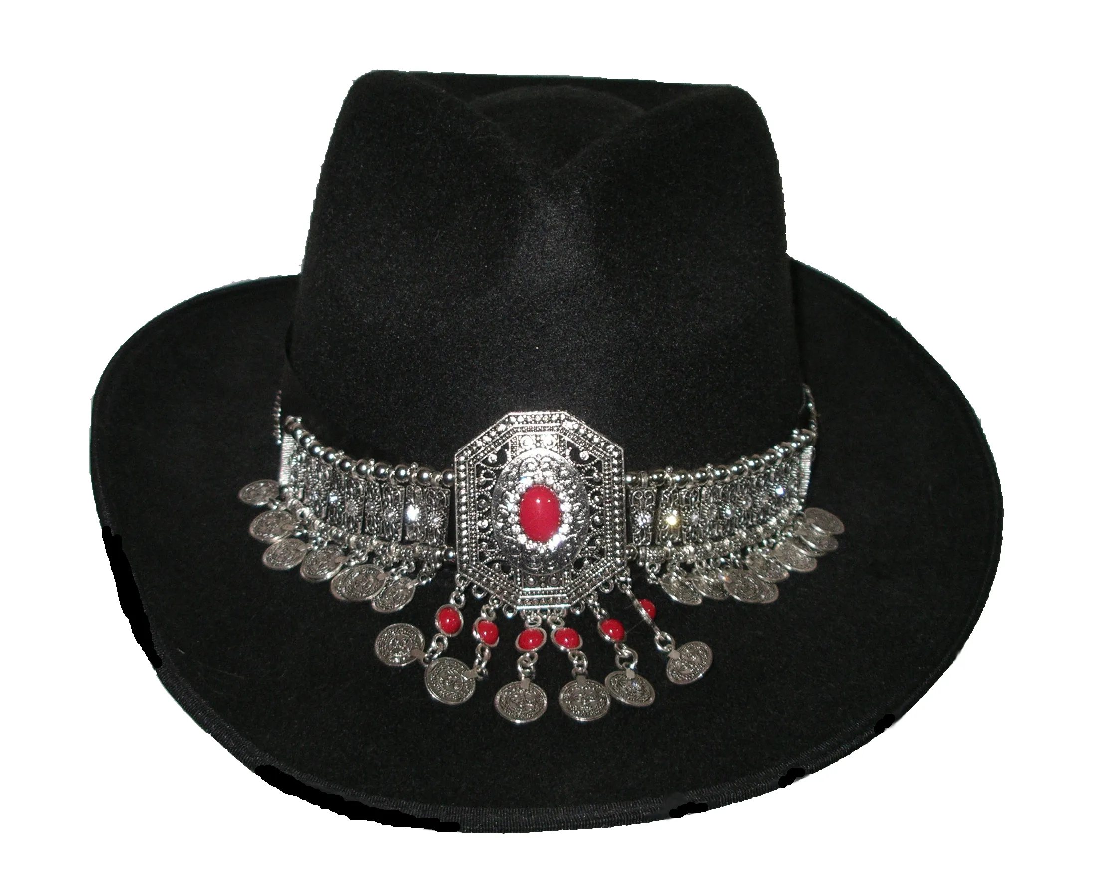 Gypsy Hat Black Boho Fedora With Gipsy Coin Jewelry Decoration Handmade One Size