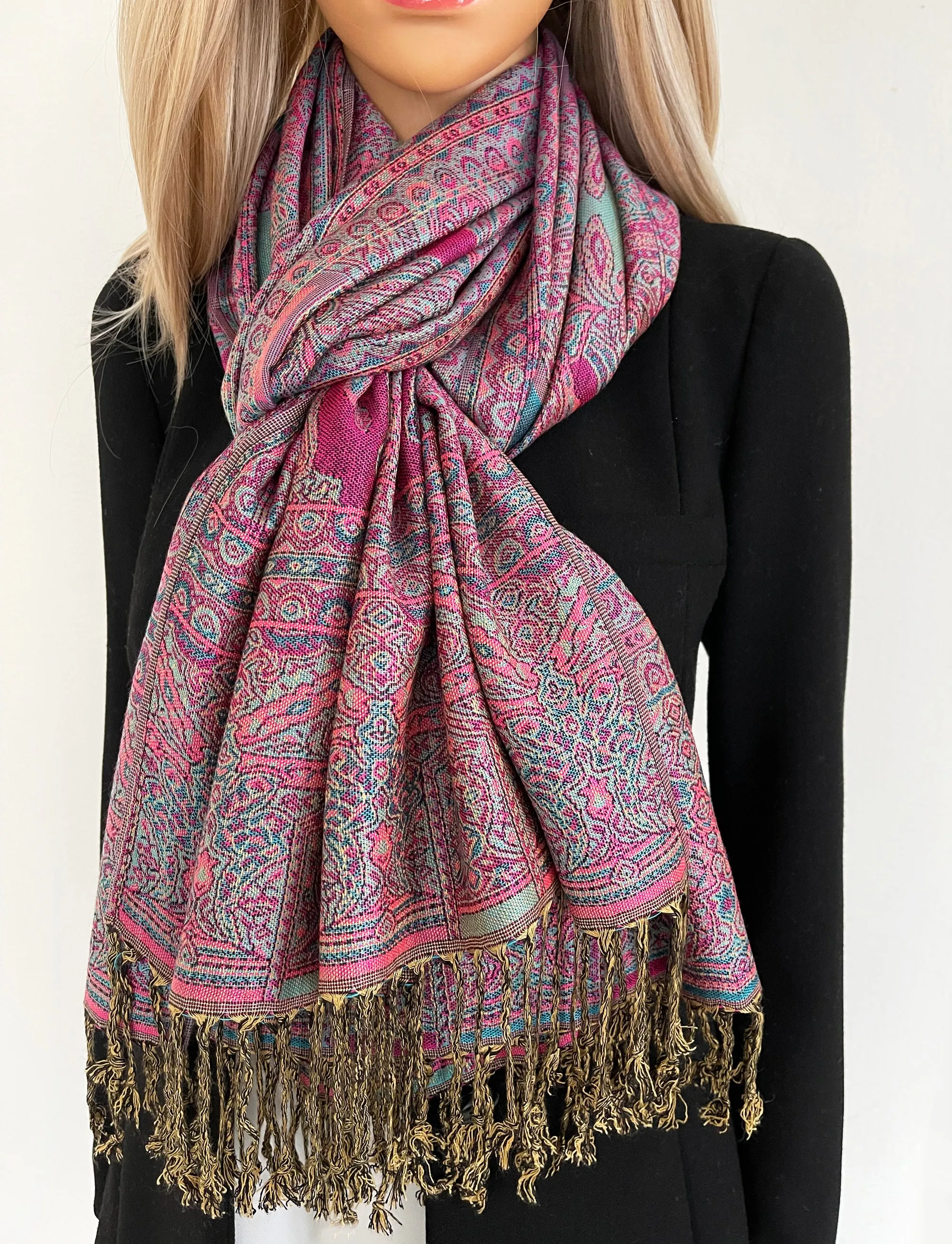 LARGE FUCHSIA PINK REVERSIBLE GEOMETRIC PAISLEY PRINT PASHMINA SHAWL SCARF WRAP