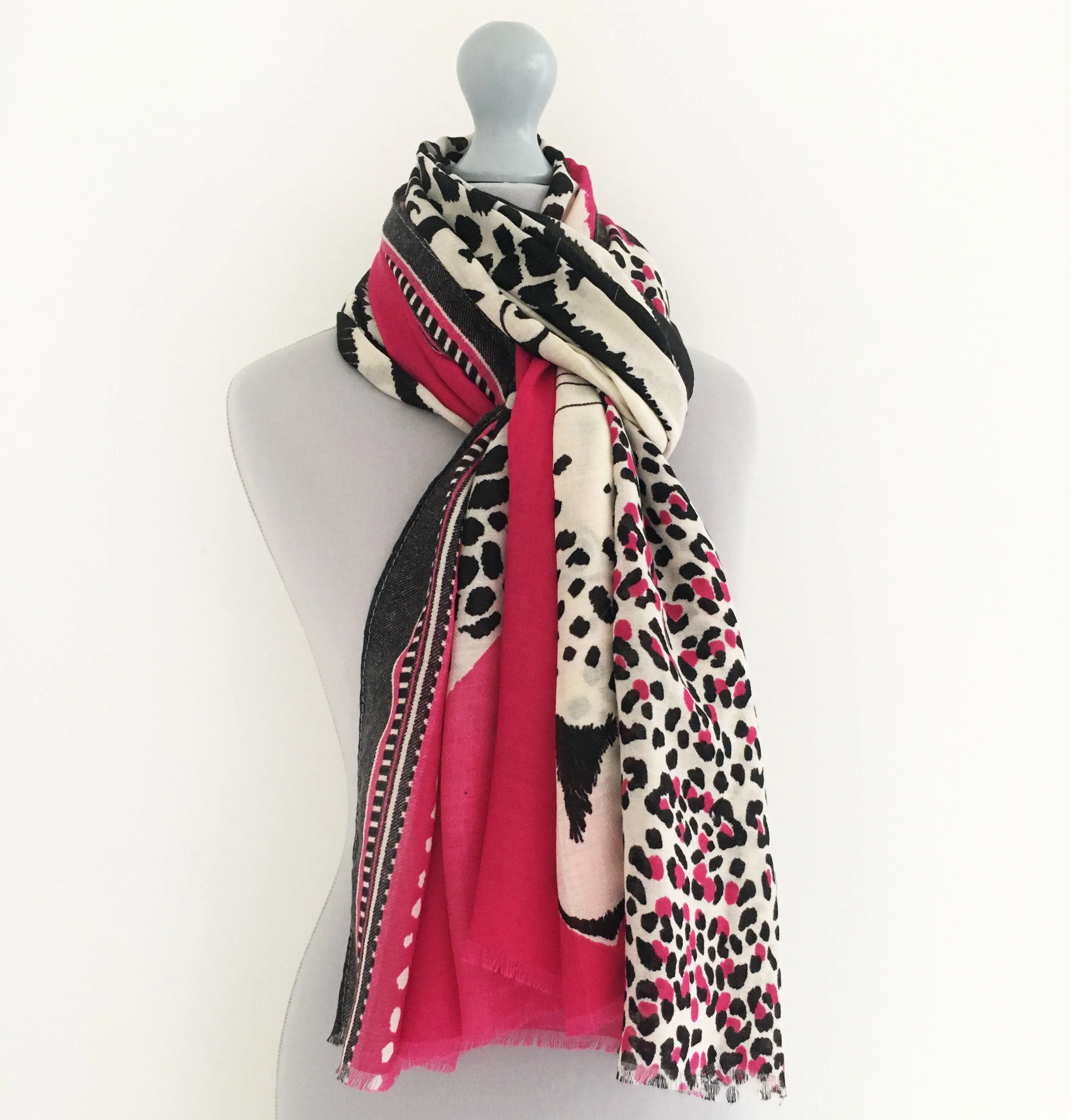 LARGE FUCHSIA PINK TIGER AND LEOPARD PRINT SHAWL SCARF