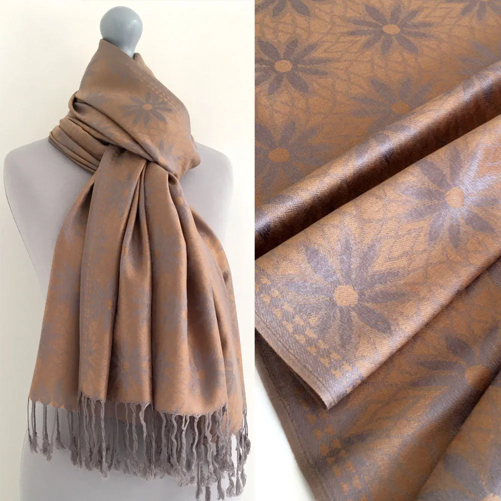 LARGE GOLD FLORAL DAISY PRINT GEOMETRIC REVERSIBLE PASHMINA SHAWL SCARF