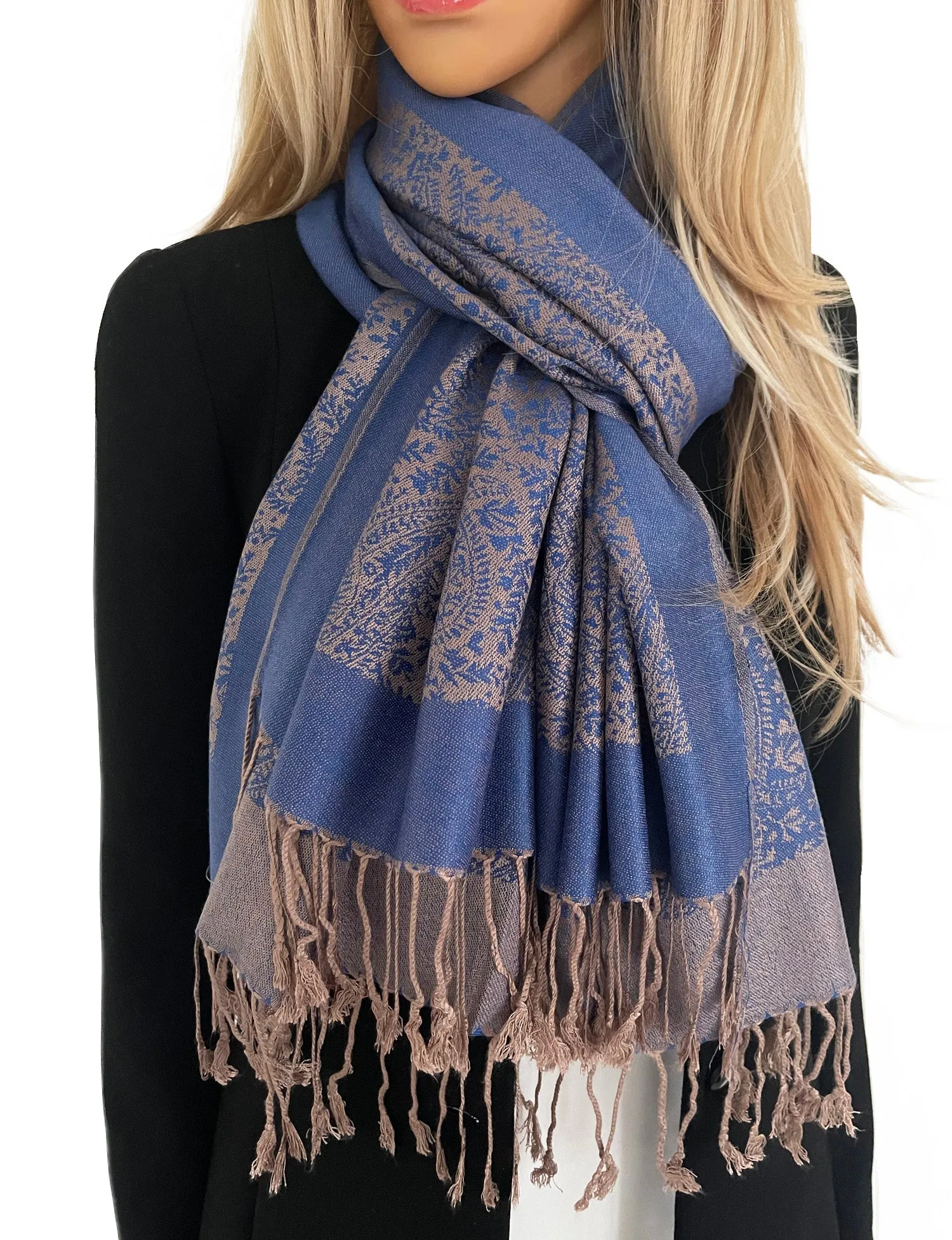 ROYAL BLUE PAISLEY PRINT REVERSIBLE PASHMINA SHAWL SCARF